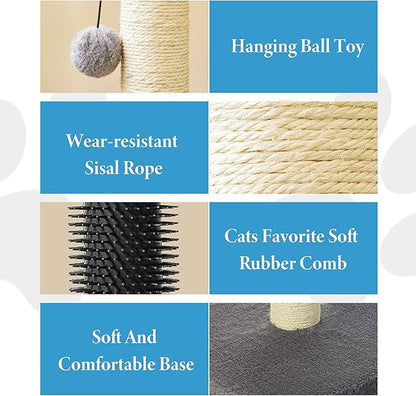 MeowHomm 32" Cat Scratching Post with Self Groomer Cat Brush, Sisal Rope Tall Cat Scratching Post with Soft Hanging Ball for Indoor Cats, Cat Claw Scratcher Covered with Soft Smooth Plush - PAWPICO