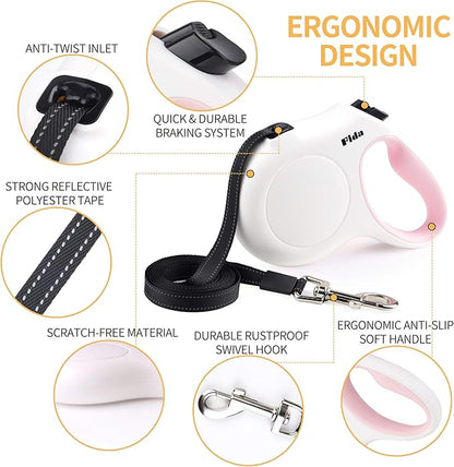 Fida Retractable Dog Leash Large Breed, Heavy Duty 16 ft Dog Walking Leash for Large Dogs up to 110 lbs, 360° Tangle Free, White Fida