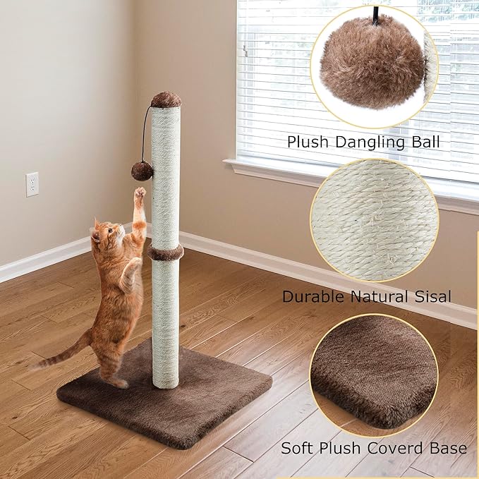 Dimaka 34" Tall Cat Scratching Post for Large Cats and Kittens, High Vertical Scratcher with Premium Natural Sisal Rope and Interactive Hanging Ball for Indoor Cats (Dark Brown, 34 inches) - PAWPICO