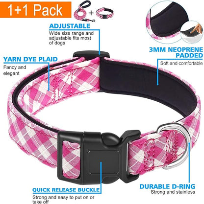 Reflective Dog Collar Padded with Soft Neoprene Breathable Adjustable Nylon Dog Collars for Small Medium Large Dogs (Medium (Pack of 1), Pink Plaid Collar+Leash) ladoogo