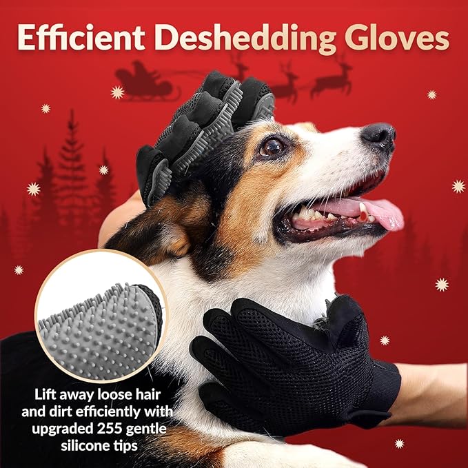 Upgrade Version Pet Grooming Glove - Gentle Deshedding Brush Glove - Efficient Pet Hair Remover Mitt - Enhanced Five Finger Design - Perfect for Dog & Cat with Long & Short Fur - 1 Pair (Gray) - PAWPICO