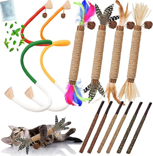 Cat Toys 12PCS Catnip Toy for Indoor Kitten Toys Cat Chew Stick for Dental Cleaning Teeth Cat Silvervine Rope Treat Kitty Feather Snack for for Kick Molar Scratch Self Play Interactive Boredom - PAWPICO