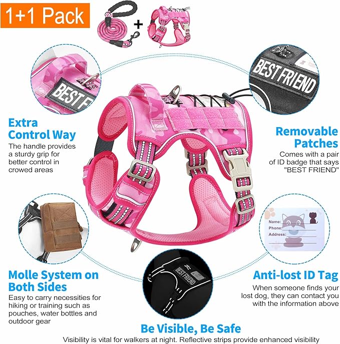 Heavy Duty Tactical Dog Harness for Medium Dogs, No Pull Adjustable Pet Harness Reflective Service Training Easy Control Pet Vest Military K9 Working Dog Harnesses- Medium, Pink Camo Beebielove