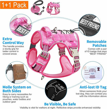 Heavy Duty Tactical Dog Harness for Medium Dogs, No Pull Adjustable Pet Harness Reflective Service Training Easy Control Pet Vest Military K9 Working Dog Harnesses- Medium, Pink Camo Beebielove