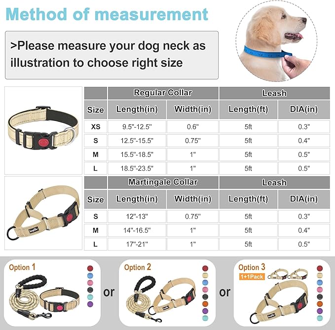 haapaw 2 Packs Martingale Dog Collar with Quick Release Buckle Reflective Dog Training Collars for Small Medium Large Dogs (Collar+Collar, L Neck 17"-21", Beige, 1+1 Packs) haapaw