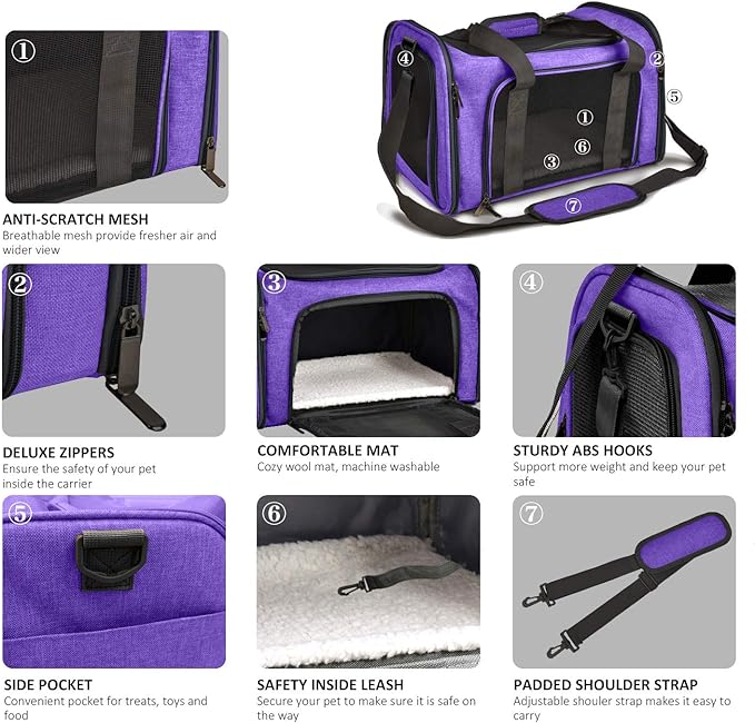 Henkelion Pet Carrier for Small Medium Cats Dogs Puppies up to 15 Lbs, Airline Approved Small Dog Carrier Soft Sided, Collapsible Travel Puppy Carrier - Purple - PAWPICO