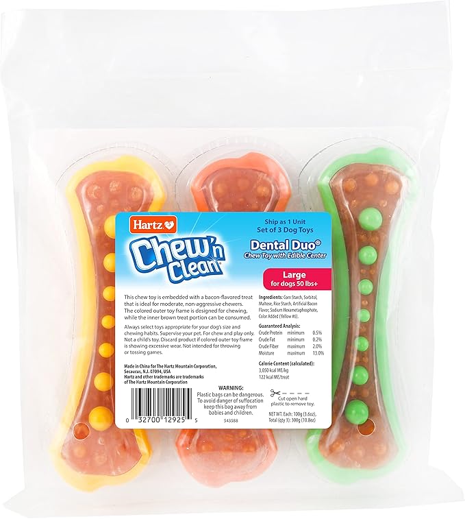 Hartz Chew 'n Clean Dental Duo Dog Treat & Chew Toy, Color Varies, Large, 3 Pack - PAWPICO