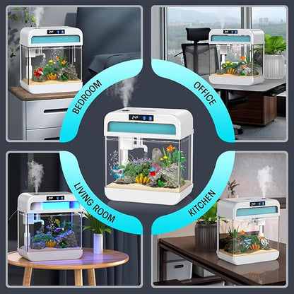 Fish Tank Aquarium 2.2 Gallon Fish Bowl with Humidifier 7 Color Auto-Looping Light 3 in 1 Quiet Pump with Filteration & Oxygenation & Circulation, Temperature Display, HD Float Glass, Thickened Base Focusonhomelifeandhealth
