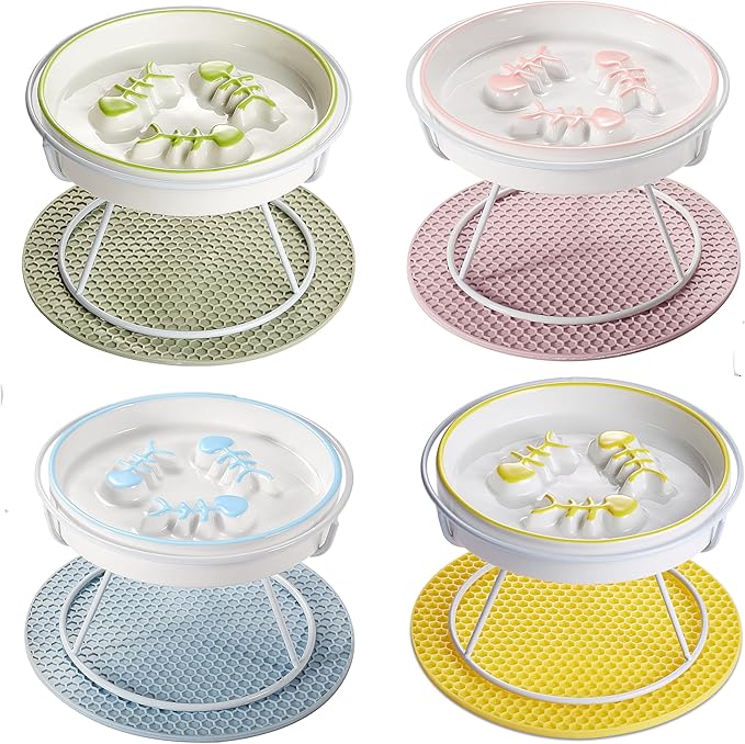Raised Cat Dog Slow Feeder Bowl with Stand, Cat Slow Bowl for Wet Food and Dry Food, Stop Vomit and Choking, Slow Down Eating Speed, Ceramic Elevated Slow Cat Bowls, Whisker Friendly Pet Puzzle Feeder - PAWPICO