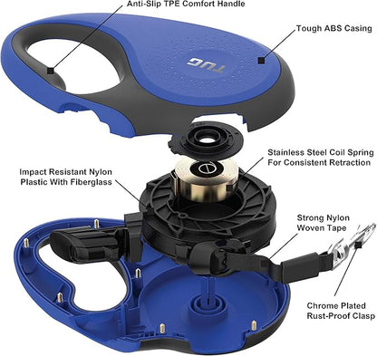 TUG 360° Tangle-Free Retractable Dog Leash with Anti-Slip Handle | 16 ft Strong Nylon Tape | One-Handed Brake, Pause, Lock (Medium, Blue) TUG