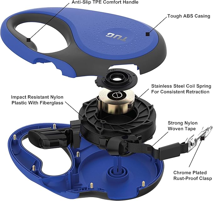 TUG 360° Tangle-Free Retractable Dog Leash with Anti-Slip Handle | 16 ft Strong Nylon Tape | One-Handed Brake, Pause, Lock (Large, Blue) TUG