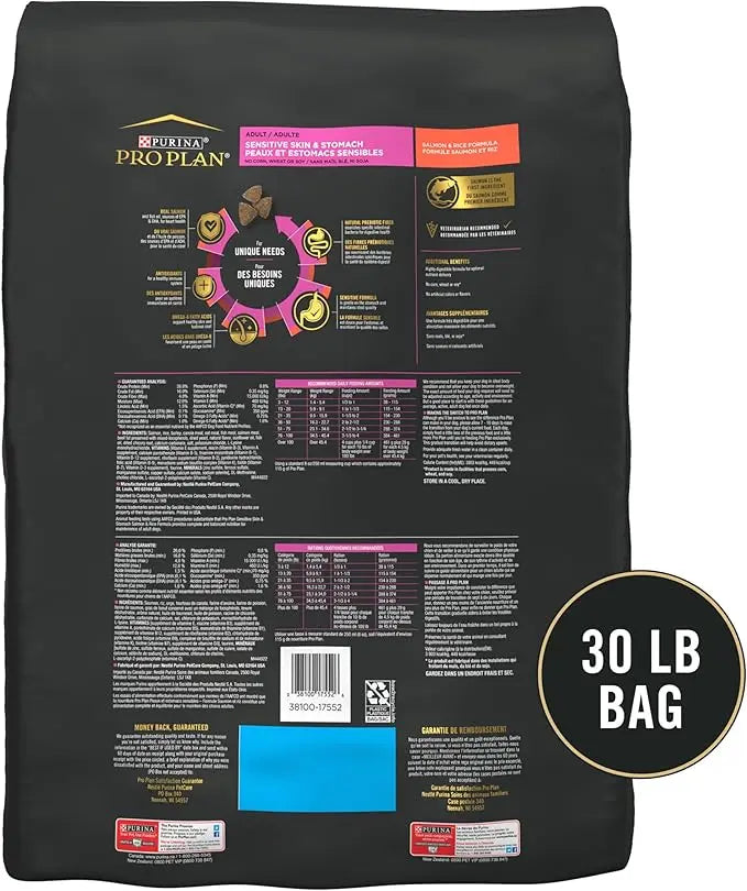 Purina Pro Plan Sensitive Skin and Stomach Dog Food Dry, Adult Salmon & Rice Formula, Digestive Health - 30 lb. Bag - PAWPICO