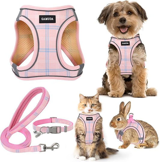 GAMUDA Small Dog Harness Collar and Leash Set, Step in No Chock No Pull Soft Mesh Adjustable Dog Vest Harnesses Plaid Reflective for Dogs Puppy Cats Kitten Rabbit (Pink, XS) GAMUDACollarsCollection