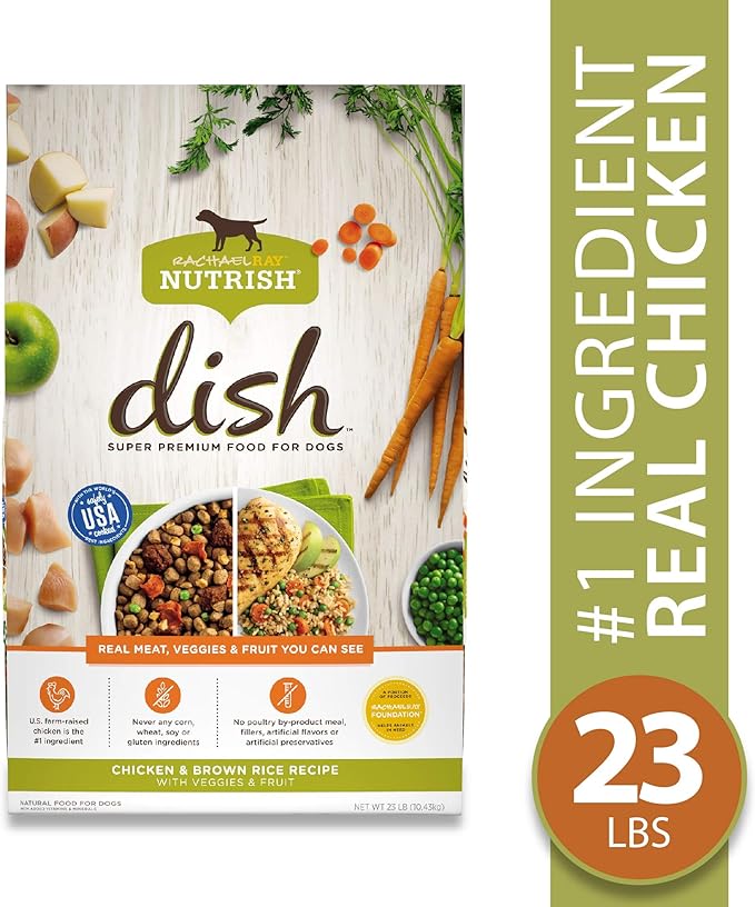 Nutrish Rachael Ray Dish Premium Natural Dry Dog Food with Added Vitamins, Minerals & Taurine, Chicken & Brown Rice Recipe with Veggies & Fruit, 23 Pound Bag - PAWPICO