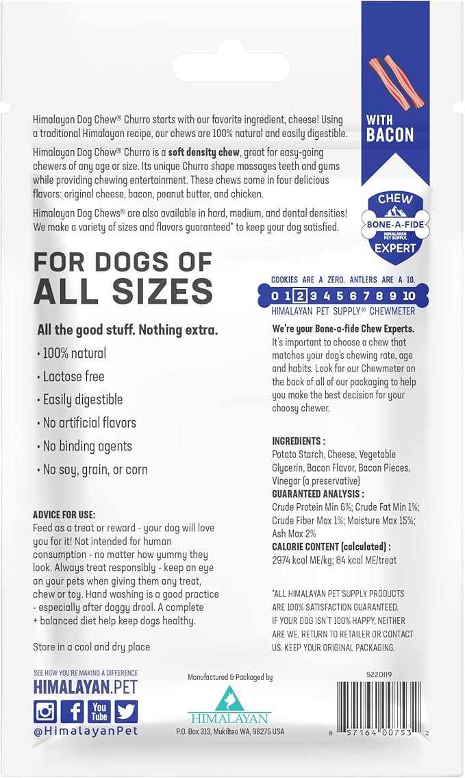 Himalayan Dog Chew Churro Yak Cheese Dog Chews, 100% Natural, Long Lasting, Gluten Free, Healthy & Safe Dog Treats, Lactose & Grain Free, Protein Rich, For All Breeds, Soft, Real Bacon Flavor, 4 Pack - PAWPICO