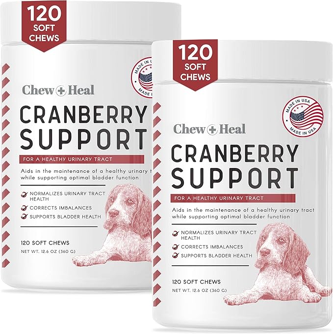 Chew + Heal UTI Treatment Cranberry Chews for Dogs - 240 Soft Chews - Supports Healthy Urinary Tract and Bladder Function - Corrects Imbalances - with Echinacea and Vitamin C ChewHeal