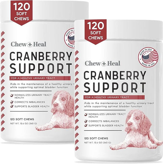 Chew + Heal UTI Treatment Cranberry Chews for Dogs - 240 Soft Chews - Supports Healthy Urinary Tract and Bladder Function - Corrects Imbalances - with Echinacea and Vitamin C ChewHeal