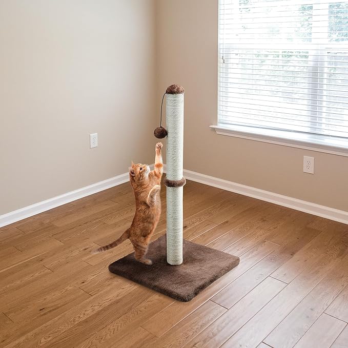Dimaka 34" Tall Cat Scratching Post for Large Cats and Kittens, High Vertical Scratcher with Premium Natural Sisal Rope and Interactive Hanging Ball for Indoor Cats (Dark Brown, 34 inches) - PAWPICO