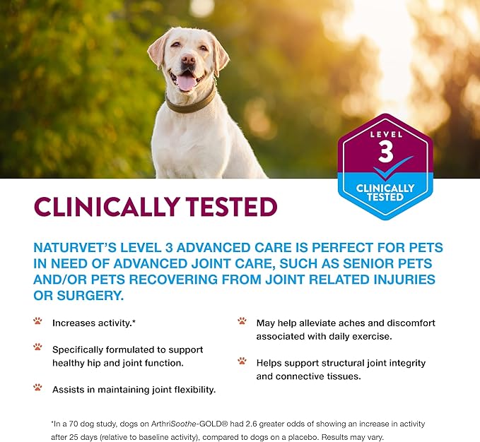 NaturVet ArthriSoothe-Gold Level 3, MSM and Glucosamine for Dogs and Cats, Advanced Joint Care Support Supplement with Chondroitin and Omega 3, Clinically Tested, Chewable Tablets, Made in The USA NaturVet