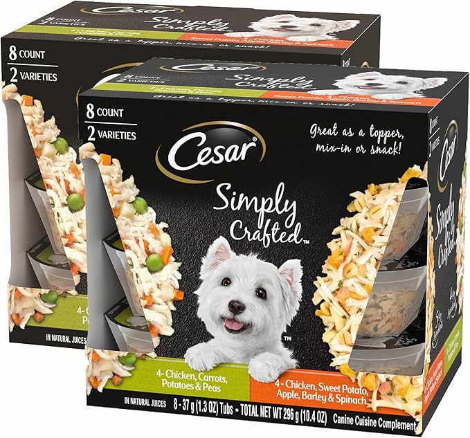 CESAR SIMPLY CRAFTED Adult Soft Wet Dog Food Meal Topper Variety Pack, Chicken, Carrot, Potato & Peas and Chicken, Sweet Potato, Apple, Barley & Spinach, 8 Count(Pack of 2) - PAWPICO