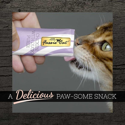 Fussie Cat Chicken with Duck Puree, lickable cat treats, 0.5oz pouch 4 Count (Pack of 1) - PAWPICO