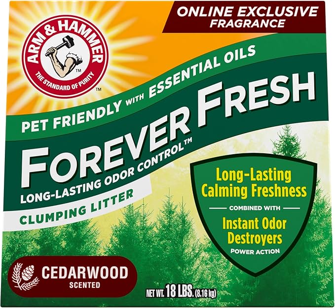 Arm & Hammer Forever Fresh Clumping Cat Litter Cedarwood, MultiCat 18lb, Pet Friendly with Essential Oils, (Pack of 1) - PAWPICO