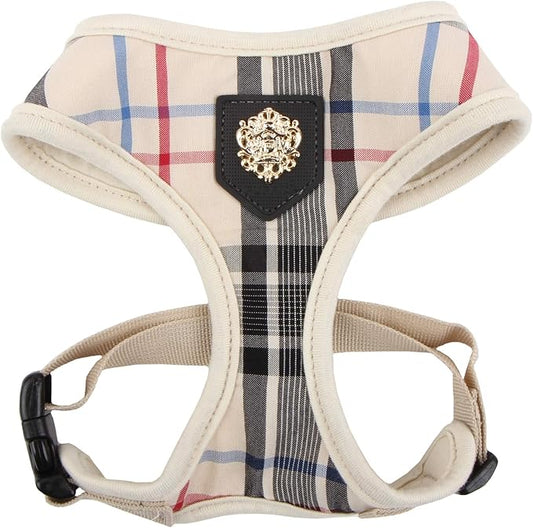 puppia Junior Over-The-Head Dog Harness Checkered Pattern No Choke No Pull Adjustable Chest Belt Walking Training for Small and Medium Dog, Medium, Beige PUPPIA