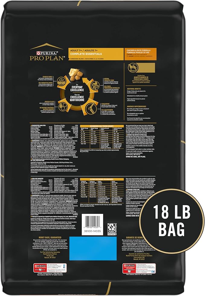 Purina Pro Plan Senior Dog Food With Probiotics for Dogs, Shredded Blend Chicken & Rice Formula - 18 lb. Bag - PAWPICO