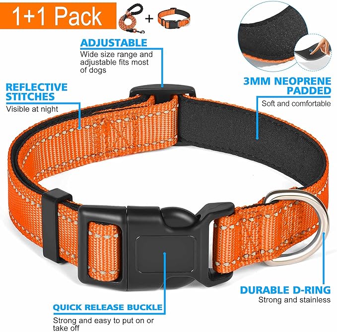 Reflective Dog Collar Padded with Soft Neoprene Breathable Adjustable Nylon Dog Collars for Small Medium Large Dogs (Small (Pack of 1), Orange Collar+Leash) ladoogo