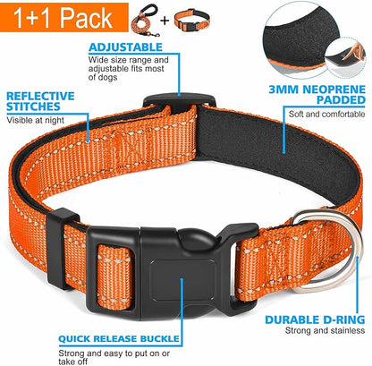Reflective Dog Collar Padded with Soft Neoprene Breathable Adjustable Nylon Dog Collars for Small Medium Large Dogs (Small (Pack of 1), Orange Collar+Leash) ladoogo