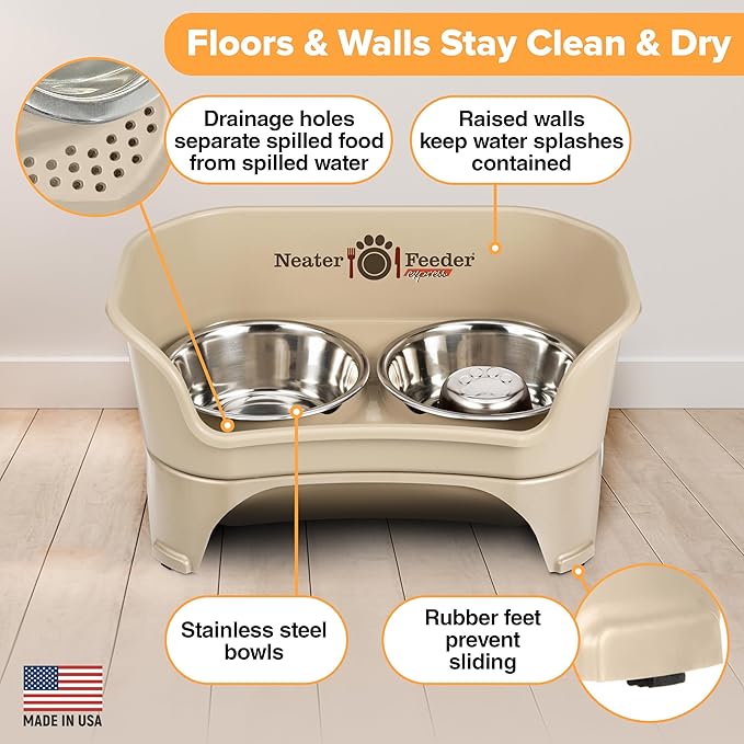 Neater Feeder - Express Model w/ Slow Feed Bowl - Mess-Proof Dog Bowls (M/L, Almond) Made in USA – Elevated, No Spill, Non-Tip, Non-Slip, Raised Stainless Steel Food/Water Pet Bowls Aid Digestion - PAWPICO
