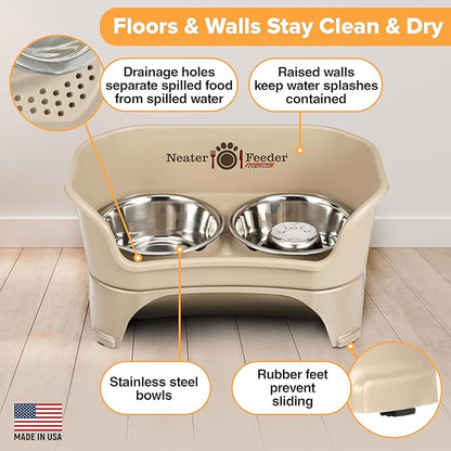 Neater Feeder - Express Model w/ Slow Feed Bowl - Mess-Proof Dog Bowls (M/L, Almond) Made in USA – Elevated, No Spill, Non-Tip, Non-Slip, Raised Stainless Steel Food/Water Pet Bowls Aid Digestion - PAWPICO