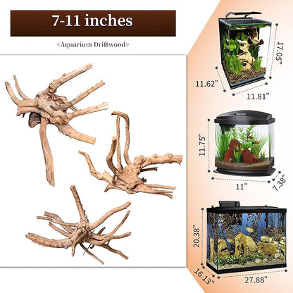 majoywoo Natural Driftwood for Aquarium Decor Fish Tank Decorations, Assorted Spider Wood Branch 7-11" 3 Pcs, Reptile Decor Majoywoo