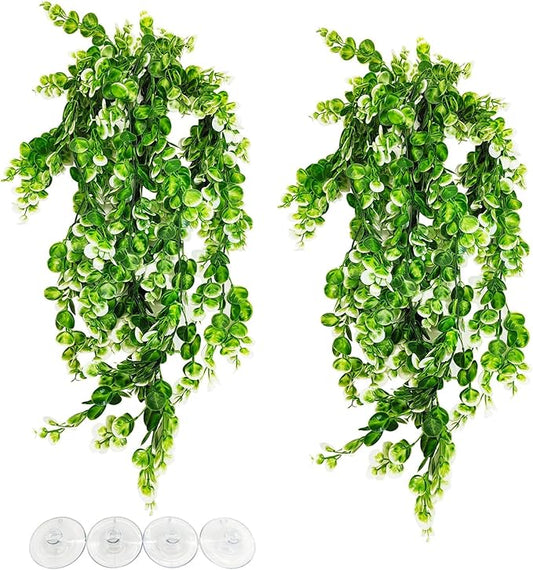 Hamiledyi Hanging Fake Plants for Reptiles, 2 Pack Fake Reptile Plants for Reptiles Tank with Suction Cup, Reptile Plants Jungle Hanging Vines for Bearded Dragon Tank (Green and White) Hamiledyi