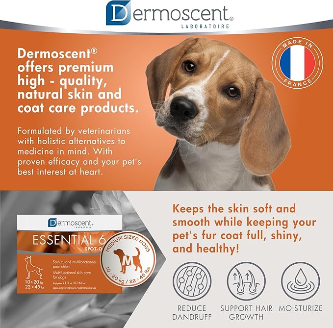 Dermoscent Essential 6 spot-on - Dog Skin Care for Dandruff & Allergy Relief with Vitamin E Oil - Anti Itch for Dogs - Natural Ingredients for Sensitive Skin - Dogs 10-20 kg - 4 Pipettes of 1.2 ml Dermoscent