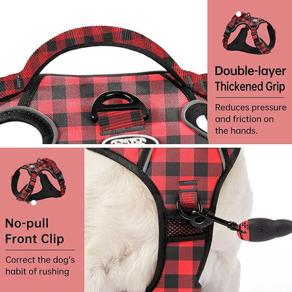 IVY&LANE No Pull Dog Harness with Leash Set, Reflective No Choke Pet Vest,Adjustable Oxford Dog Vest Harness with Easy Control Handle for Medium Lagre Dogs (Checkered Red,M) IVYLANE