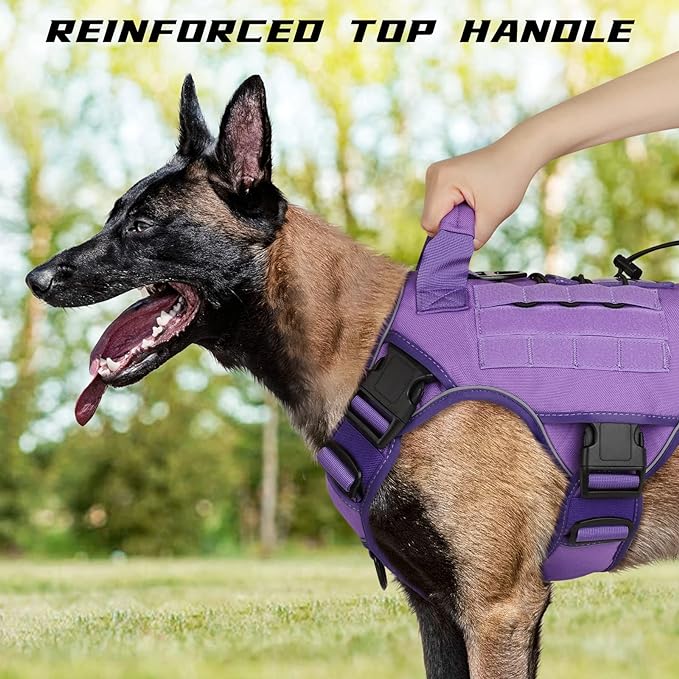 WINGOIN Tactical Dog Harness for Extra Large Dogs, Heavy Duty No Pull Dog Harness with Handle, Adjustable Reflective Military K9 German Shepherd Big Dog Vest for Training, Walking, Purple (XXL) - PAWPICO