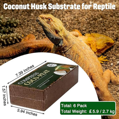 PINVNBY 6 Pack Natural Compressed Coconut Fiber Substrate, Coconut Coir, Coconut Fiber Brick, Coconut Husk Terrarium Bedding for Reptile, Bearded Dragon, Turtle, Hermit Crab, Snake, Lizards PINVNBY