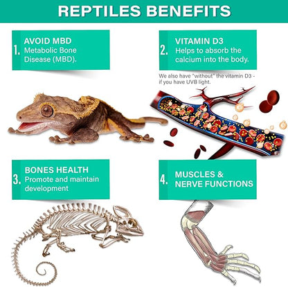 4oz All Reptile Calcium with Vitamin D3, Phosphorus-Free, Ultrafine Powder. Pure dust, Real Fruits Blend Flavored Ready to Use Supplement, for Lizards & Amphibians. Made in The USA. Enjoy ! Gargeer