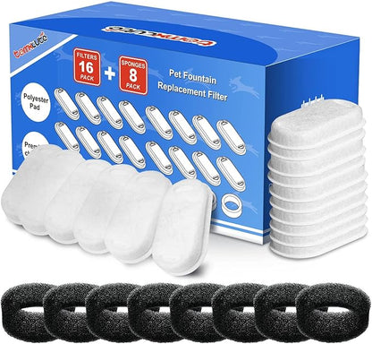 Tomxcute Official Cat Water Fountain Filters for 108oz/3.2L and 135oz/4.0L Adjustable Water Flow Cat Water Fountain, Ultra-Quiet Cat Water Fountain 16 Packs Filters & 8 Sponges Foam Filters - PAWPICO