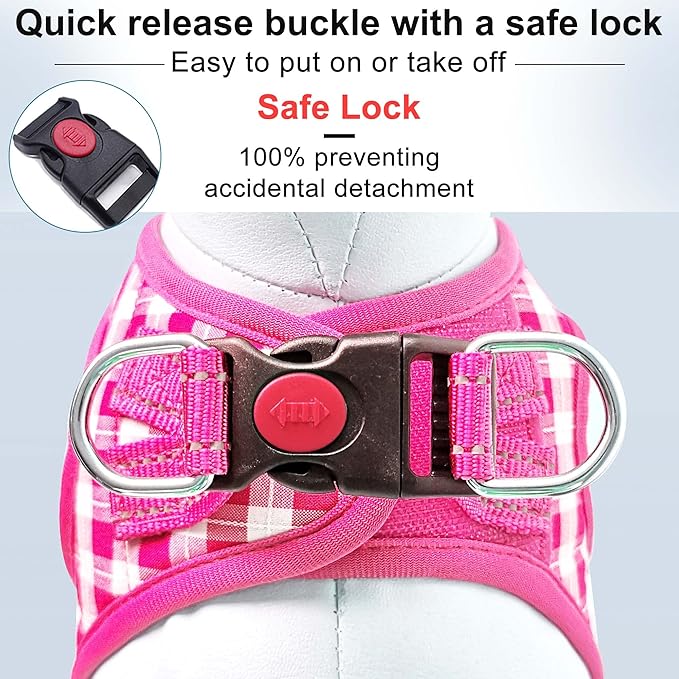 Dog Harness Step-in Breathable Puppy Cat Dog Vest Harnesses for Small Medium Dogs Pink Checkered - PAWPICO