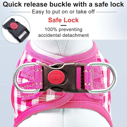 Dog Harness Step-in Breathable Puppy Cat Dog Vest Harnesses for Small Medium Dogs Pink Checkered - PAWPICO