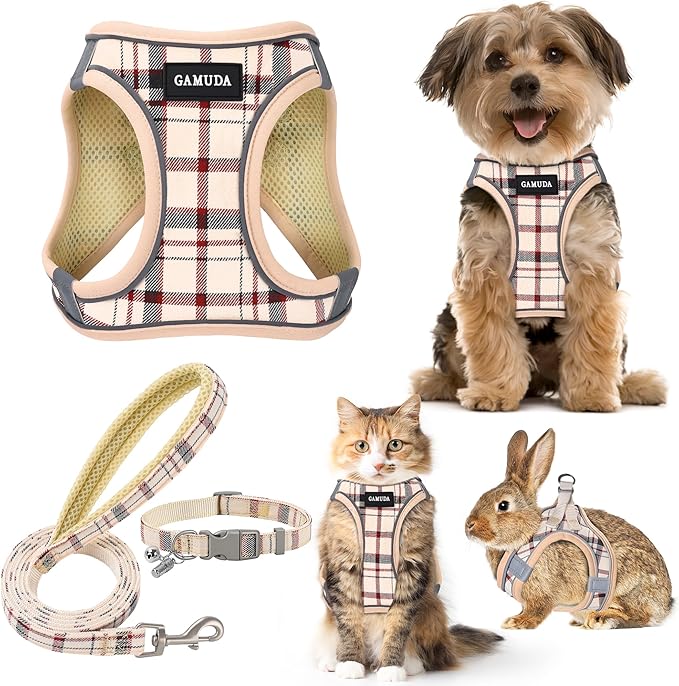 GAMUDA Small Dog Harness Collar and Leash Set, Step in No Chock No Pull Soft Mesh Adjustable Dog Vest Harnesses Plaid Reflective for Dogs Puppy Cats Kitten Rabbit (Beige, M) GAMUDACollarsCollection