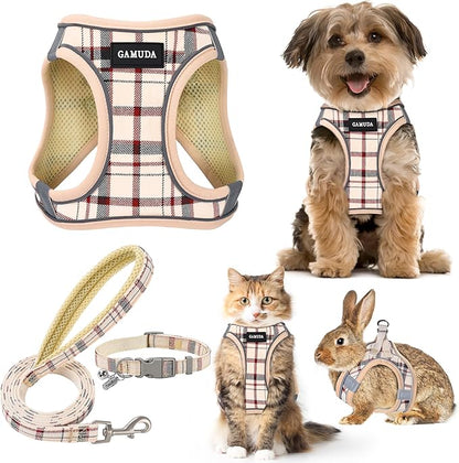 GAMUDA Small Dog Harness Collar and Leash Set, Step in No Chock No Pull Soft Mesh Adjustable Dog Vest Harnesses Plaid Reflective for Dogs Puppy Cats Kitten Rabbit (Beige, M) GAMUDACollarsCollection