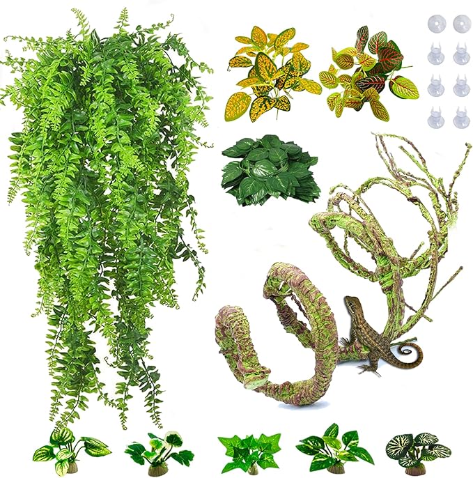 PINVNBY 10 PCS Reptile Plants Vine, Terrarium Hanging Flexible Climbing Artificial Leaves Reptile Hide, Bearded Dragon Tank Accessories, Terrarium Decor for Leopard Gecko Lizard Snake Geckos PINVNBY