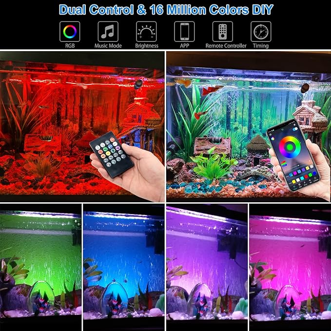 VARMHUS LED Aquarium Light,Fish Tank Light with Remote Controller&APP Control,DIY Full Spectrum Optional Color&Intelligent Timing and Dimming,29 Light Modes and 4 Music Control Modes 18LEDS-RGB 15'' VARMHUS