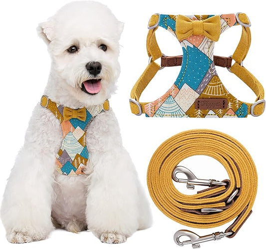 Puppytie No Pull Dog Harness with Multifunction Dog Leash,Soft Adjustable No Choke Escape Proof Pet Harness Vest for Medium Dogs,Suede Bow Yellow,M Puppytie