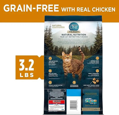 Purina ONE Natural, High Protein, Grain Free Dry Cat Food, True Instinct With Real Chicken - 3.2 lb. Bag - PAWPICO
