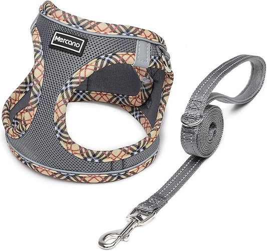 Mercano Soft Mesh Dog Harness and Leash Set, No-Chock Step-in Reflective Breathable Lightweight Easy Walk Escape Proof Vest Harnesses with Safety Buckle for Small Medium Dogs, Cats (Grey, XXS) PAWPICO