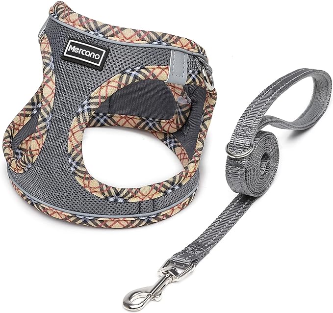 Mercano Soft Mesh Dog Harness and Leash Set, No-Chock Step-in Reflective Breathable Lightweight Easy Walk Escape Proof Vest Harnesses with Safety Buckle for Small Medium Dogs, Cats (Grey, L) PAWPICO